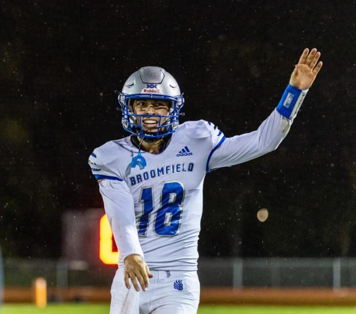 Bloomfield High School (Colorado) quarterback celebrates a big play.